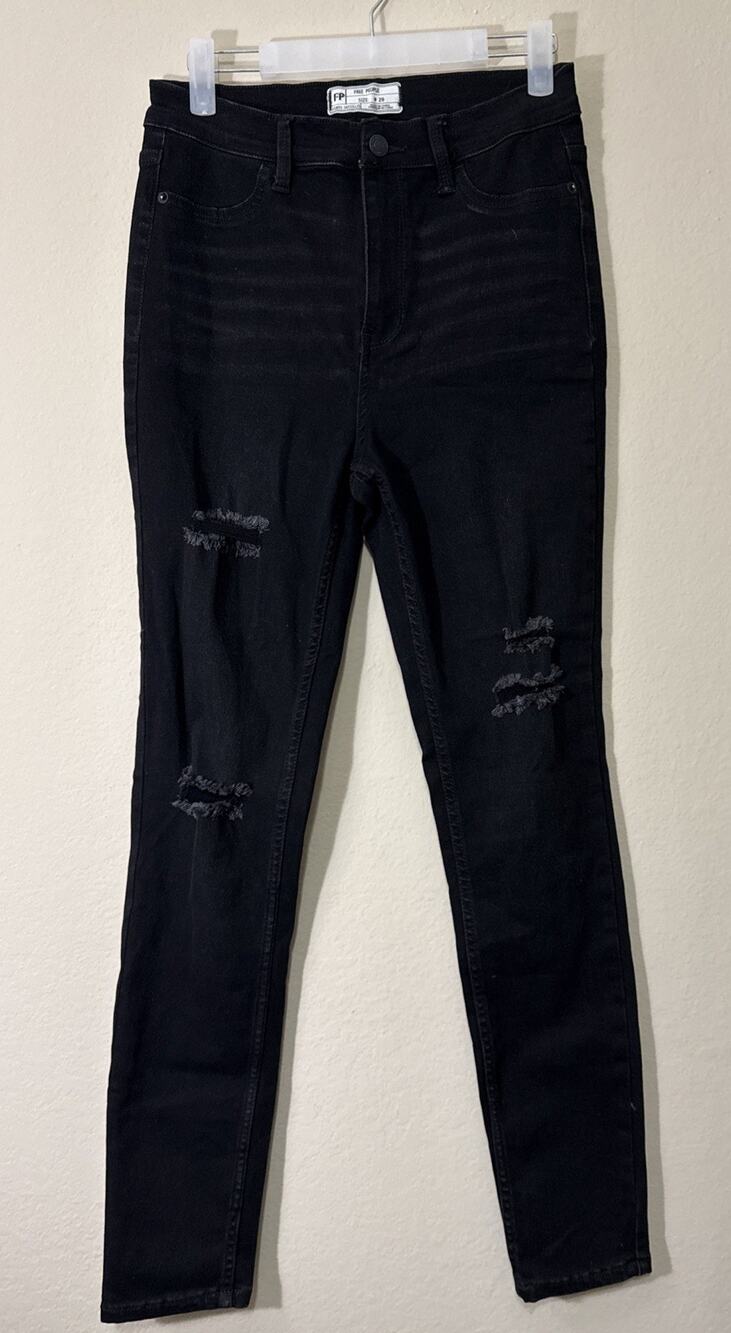 Free People Black Ripped High Waist Skinny Jeans Size 29 Boho